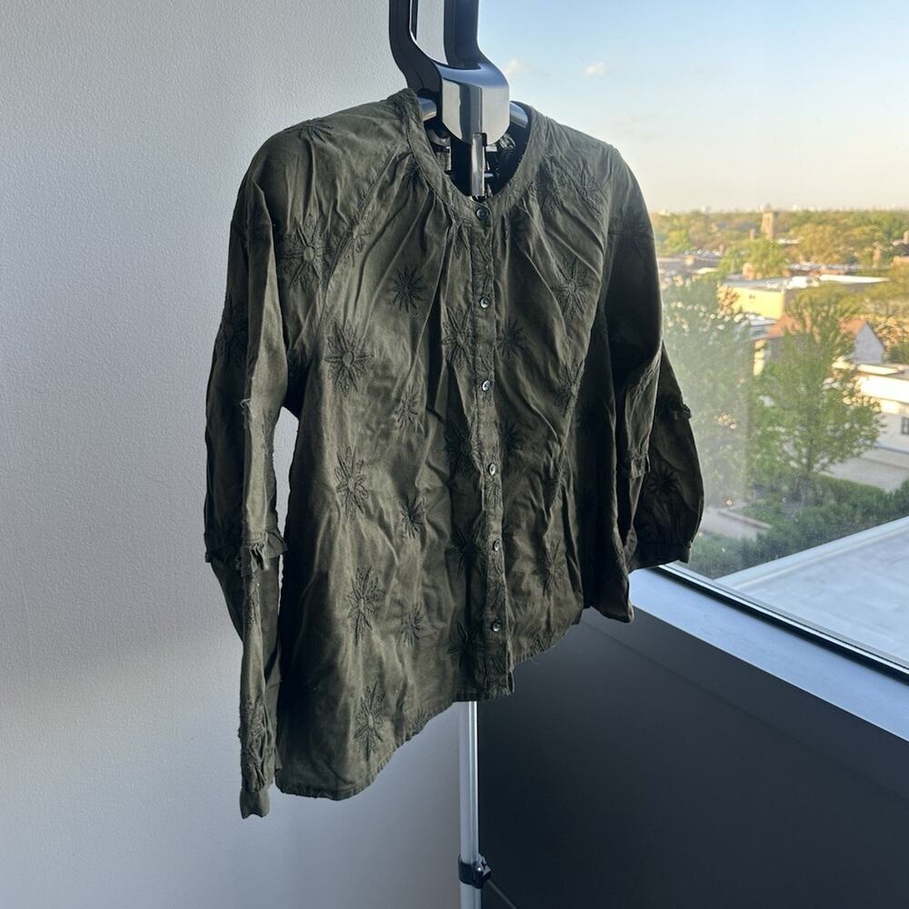 Madewell Olive Green Embroidered Floral Button Blouse Round Neck Long Sleeve XL
